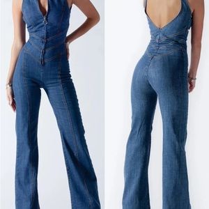 Backless Heart Cutout Denim Jumpsuit For Women